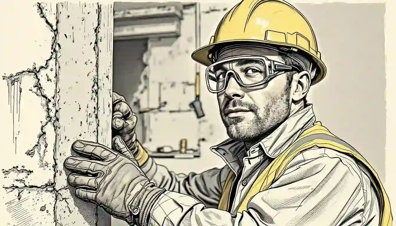 Essential safety gear for concrete repair, including protective gloves and goggles, laid out neatly.