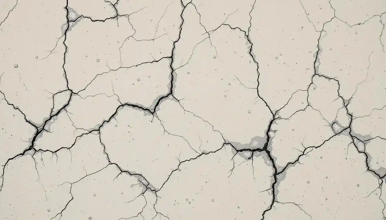 A close-up of a damaged concrete surface showing various common problems like cracks and chips that need repair.