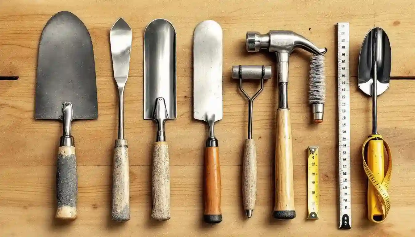 Essential tools for concrete repair, including a trowel and hammer, laid out on a work surface.