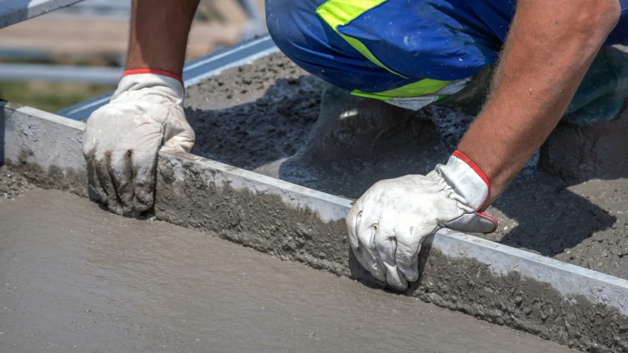 Concrete finisher screeding a fresh slab on a Toronto jobsite