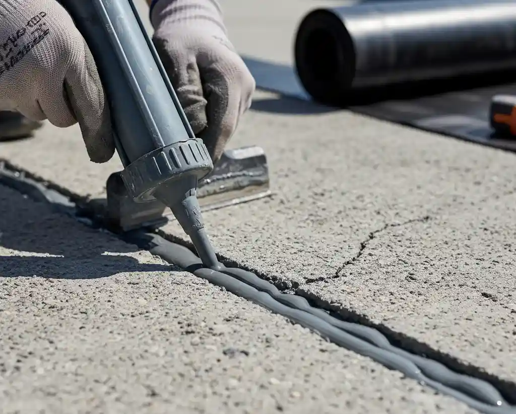 A close-up of a repaired crack in a concrete slab, ready for a new application of waterproofing sealer.