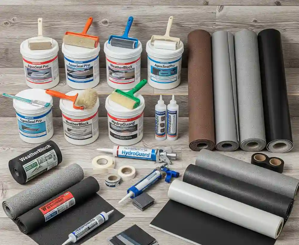 A collection of different waterproofing products, including liquid-applied sealers and rolled membranes.