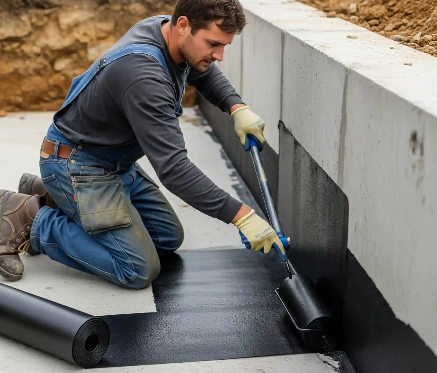 A detailed view of a worker applying a waterproofing membrane to a concrete foundation wall.