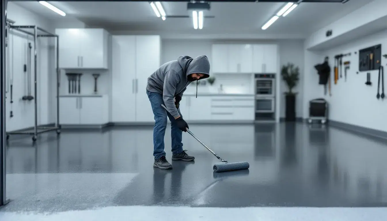 A person applying a garage floor coating, demonstrating a DIY project with tools and materials.
