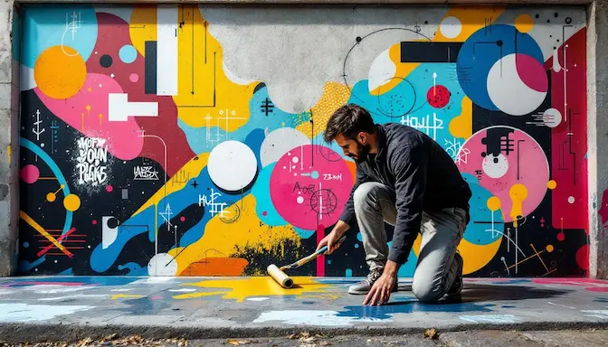 A person applying paint to a concrete floor with a roller, illustrating the paint application process.