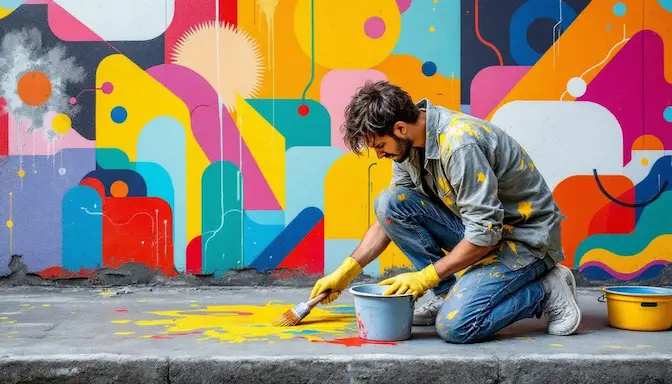 A person thoroughly cleaning a concrete surface before painting, emphasizing the importance of preparation.