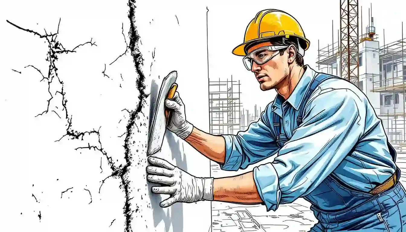 A worker applying concrete repair techniques to fix damaged concrete surfaces with a trowel.