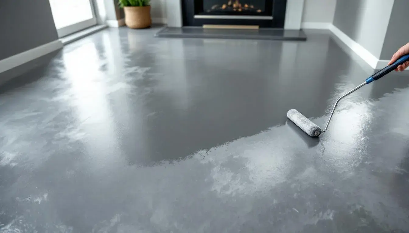 Applying the first coat of epoxy on a basement floor