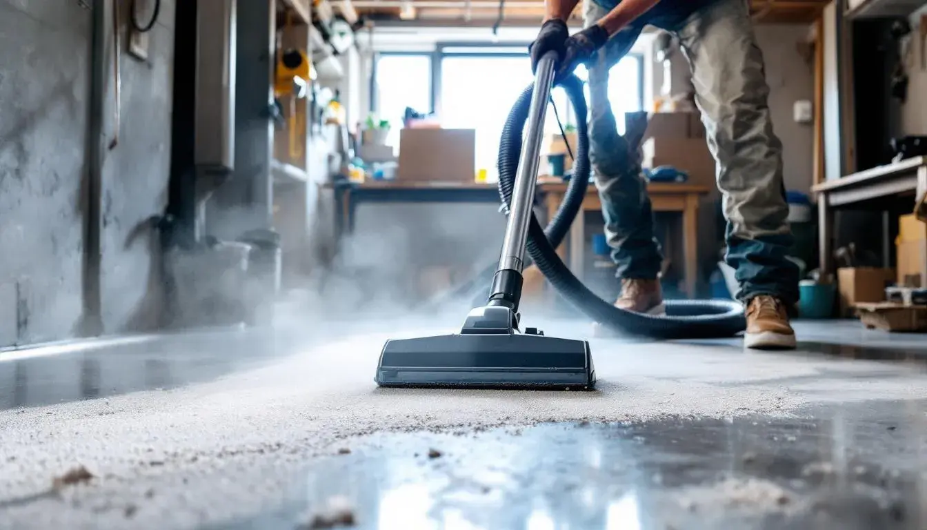 Cleaning concrete basement floor with vacuum cleaner