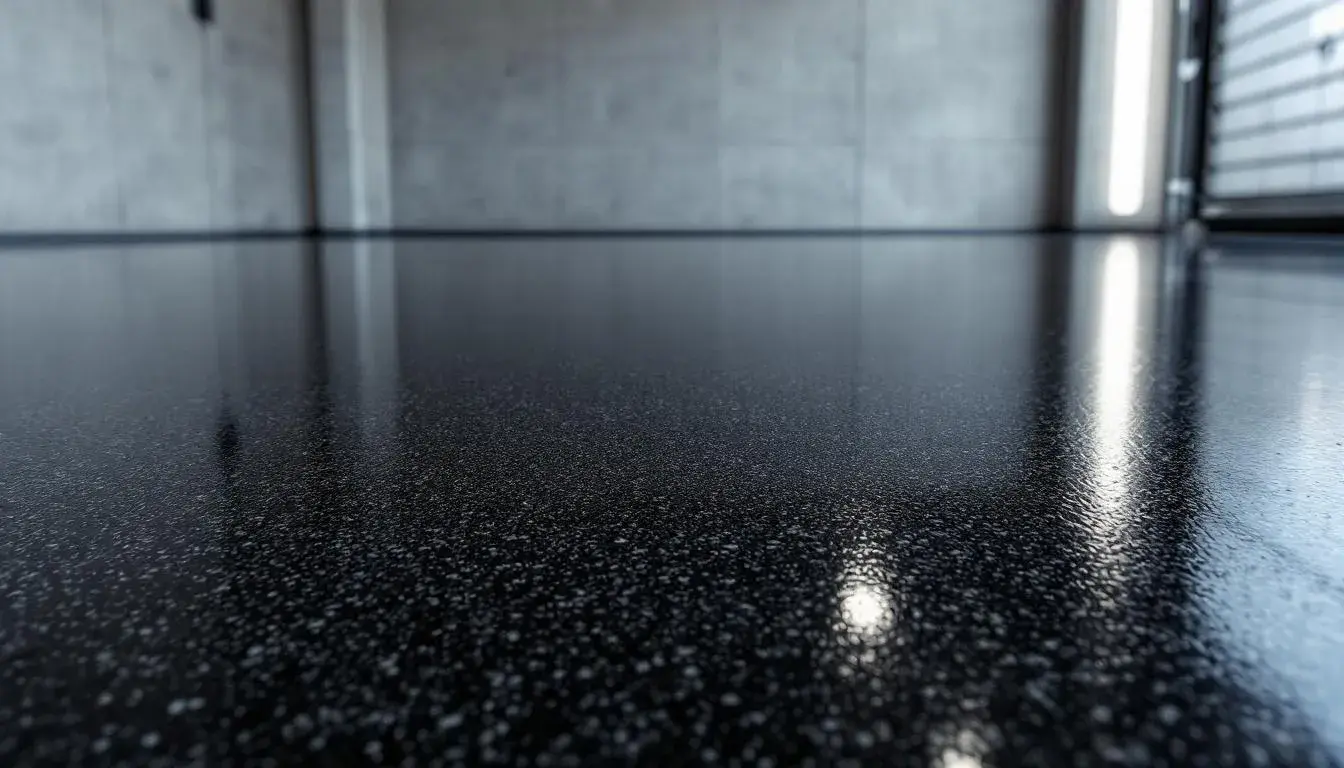 Close-up of a high-gloss, durable epoxy floor coating in a garage, showcasing its resistance to oil spills.
