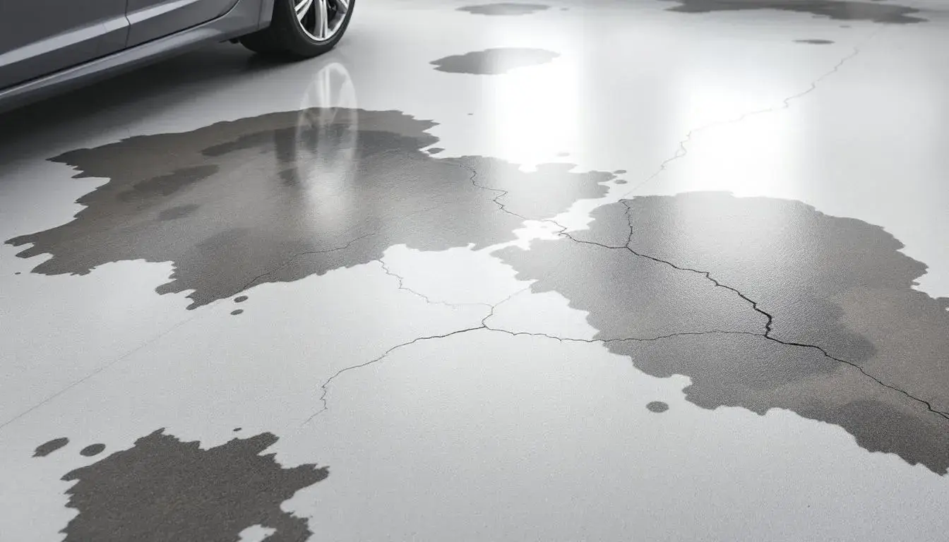 Examples of common issues in garage floor coating, such as bubbling, cracks, and oil stains.