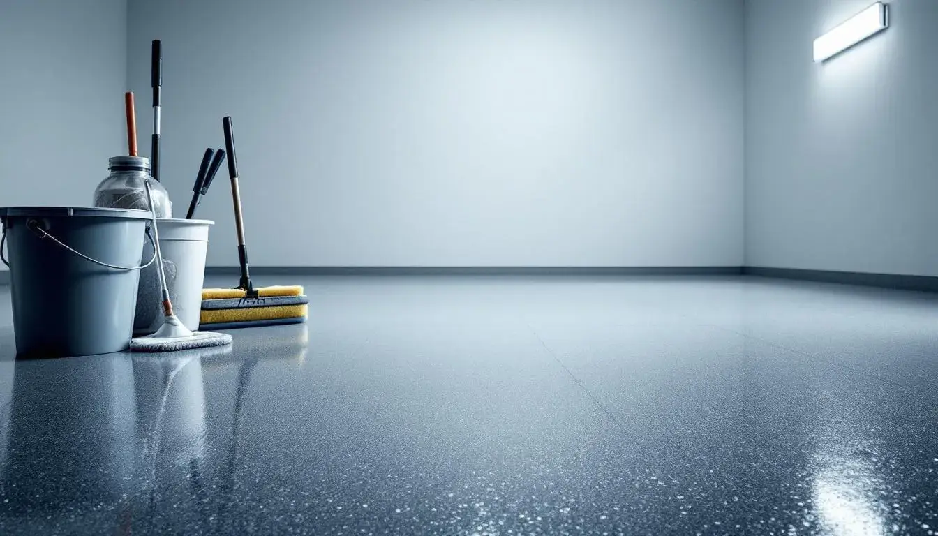 Cleaning tools for maintaining a coated garage floor, emphasizing easy cleanup of spills and stains.
