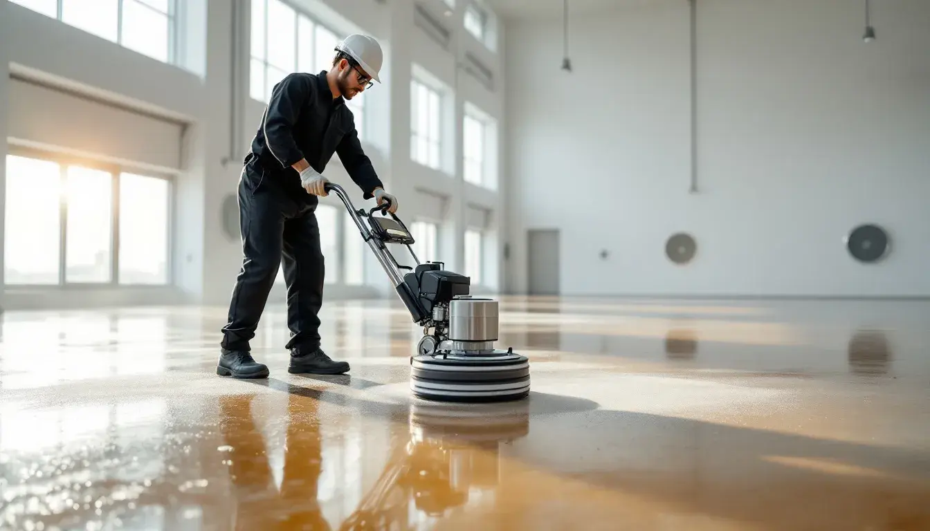 Maintenance routine for shiny concrete floors including cleaning and care