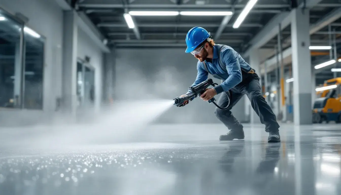 Person applying concrete sealer using a sprayer for durable protection