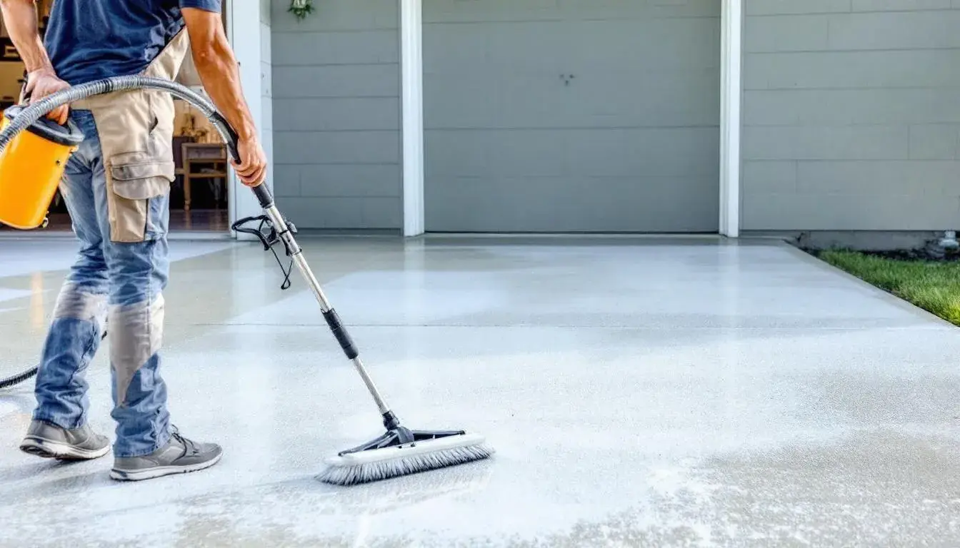 Preparing concrete driveway with pressure washer for sealing