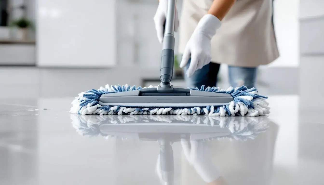 Routine cleaning of an epoxy basement floor with a wet mop