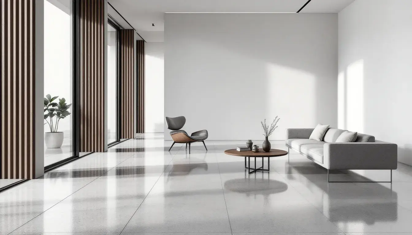 Stylish interior featuring a polished concrete floor with high gloss finish