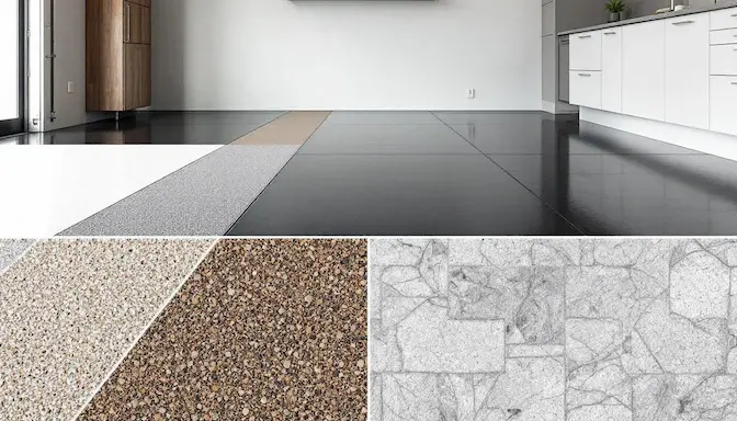 Various garage floor coating options displayed with different textures, colors, and finishes for a garage space.